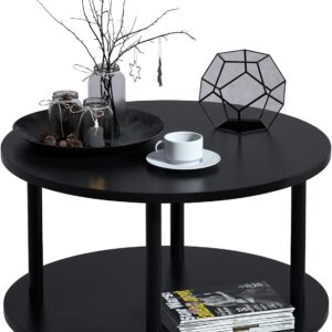 Small Round Coffee Table with Open Storage for Small Space, 23.5" Black 2-Tier Wooden Center Table for Living Room, Metal Legs, Easy to Assemble