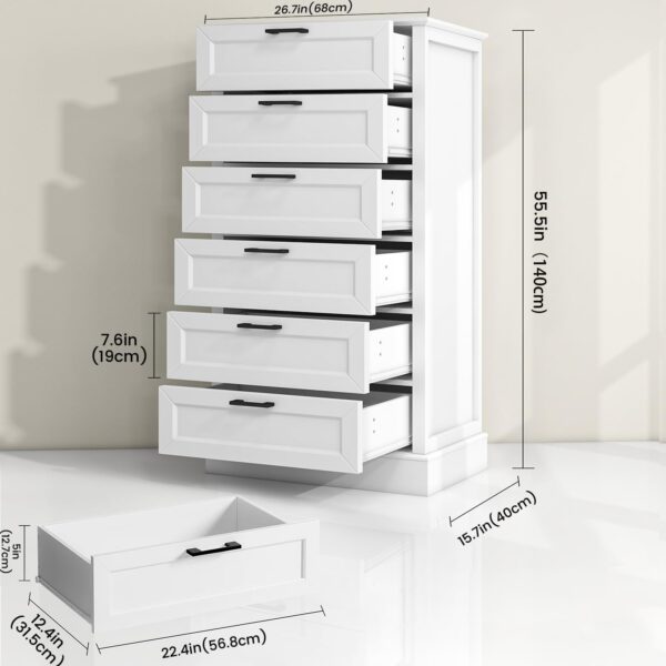 White 6 Drawer Dresser, 55 Inch Tall White Dresser for Bedroom, Modern Farmhouse Style Chest of Drawers for Bedroom Living Room, Wood Rustic Tall Dresser, Organizer for Closet, Living Room, Hallway - Image 2