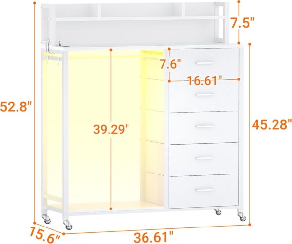 Cyclysio Dresser for Bedroom with Clothes Rack & Shelves, White 5 Drawers Dresser with Charging Station & LED Lights, Chest of Drawers with Lockable Wheels, Storage Shelves, Bedroom, Closet,Entryway - Image 7