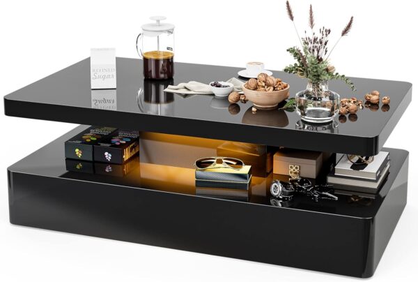 IKIFLY LED High Glossy Coffee Table, Modern Coffee Table for Living Room, 2 Tiers Rectangle Design Coffee Table with 16 Colors LED Lights Black - Image 3