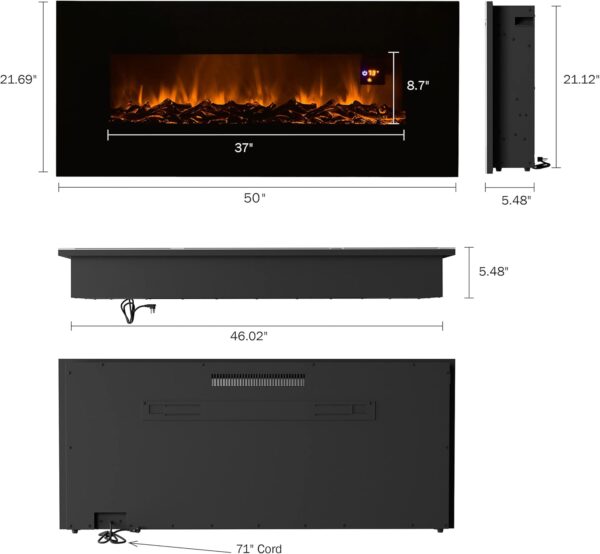 Northwest 50-Inch Wall-Mounted Electric Fireplace - Fireplace Insert with LED Flames, Bottom Vents, Adjustable Heat Settings, and Remote (Black) - Image 7