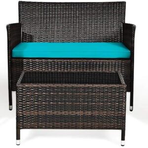 Goplus 4-Piece Rattan Patio Set, Outdoor/Indoor Wicker Conversation Set for Pool, Backyard, Lawn, Wicker Chairs and Sofa with Soft Cushion, Rattan Furniture with Tempered Glass Coffee Table