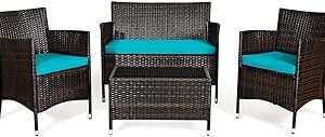 Goplus 4-Piece Rattan Patio Set, Outdoor/Indoor Wicker Conversation Set for Pool, Backyard, Lawn, Wicker Chairs and Sofa with Soft Cushion, Rattan Furniture with Tempered Glass Coffee Table