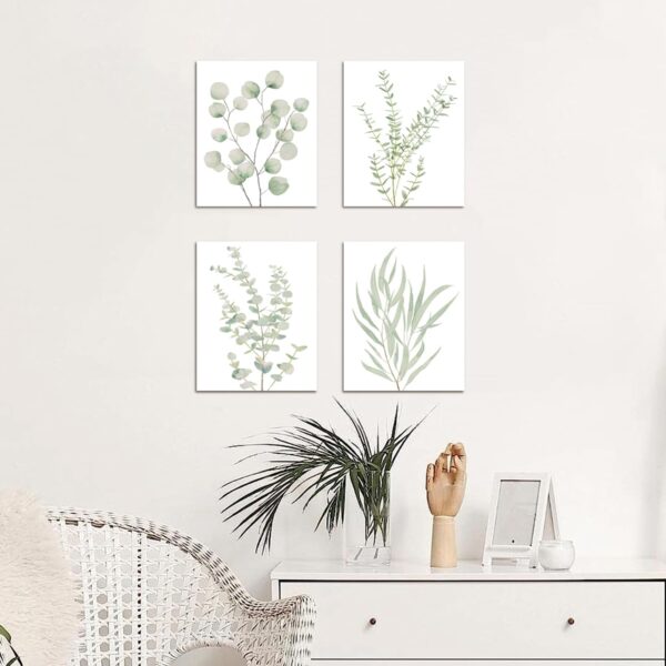 Erctoo Botanical Plant Canvas Wall Art, Framed Boho Wall Decor for Bathroom, Minimalist Aesthetic Bedroom Wall Art, Sage Green Eucalyptus Leaf Prints for Office, Set of 4PCS, 8”X10” - Image 7
