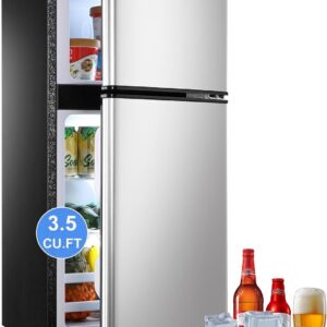 Geekman 3.5 Cu.Ft Mini Fridge with Freezer, Double Door Mini Fridger with 7 Level Adjustable Thermostat, Mini Refrigerator with interior LED light, Perfect for Dorm, Office, Bedroom＆RV, Silver