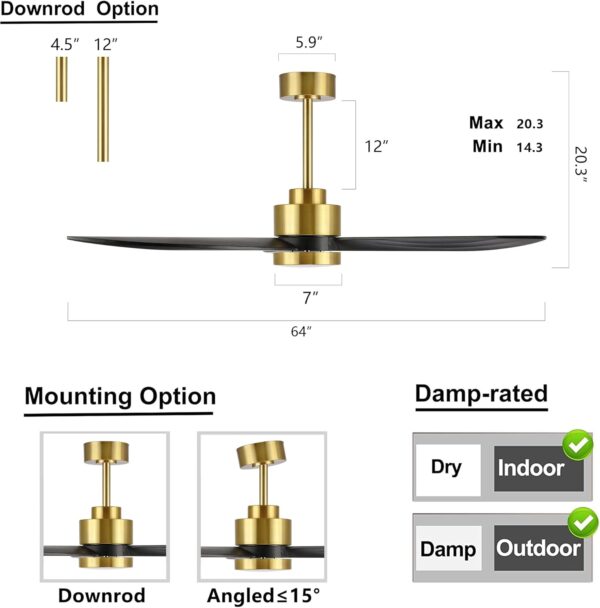 64" Wood Ceiling Fan with Lights and Remote Control, 3 Blades 6-Speed Dimmable Light Reversible DC Motor Ceiling Fan for Kitchen Bedroom Dining Living Room, Black Wood Blades with Gold - Image 4