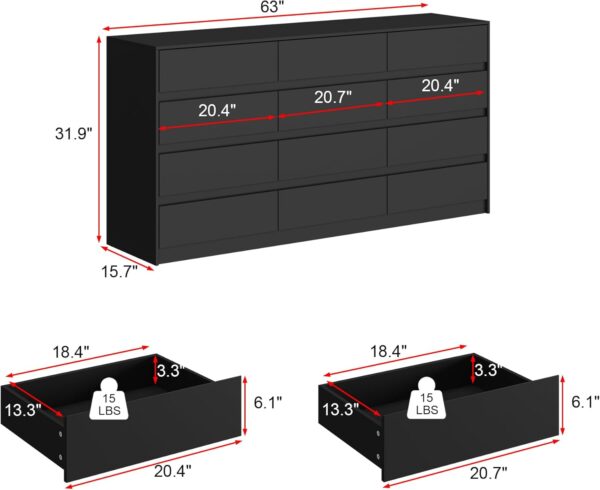 Dresser with 12 Handleless Drawers, 63" Large Chest of Drawers with Slide Rails, Modern Wooden Double Dresser for Bedroom Living Room, Black - Image 2