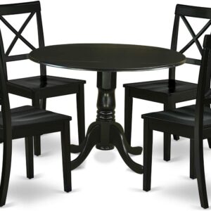 East West Furniture DLBO5-BLK-W 5 Piece Dinette Set for 4 Includes a Round Dining Room Table with Dropleaf and 4 Kitchen Dining Chairs, 42x42 Inch, Black