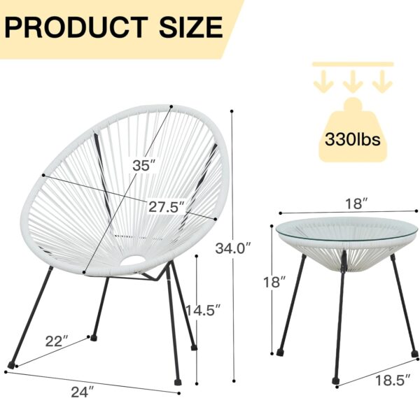 ECOTOUGE 3 Pieces Acapulco Chair Set, Wicker Bistro Set with Pillow, Outdoor Rattan Furniture Set with Glass Top Table for Porch, Balcony, Garden and Poolside, White - Image 2