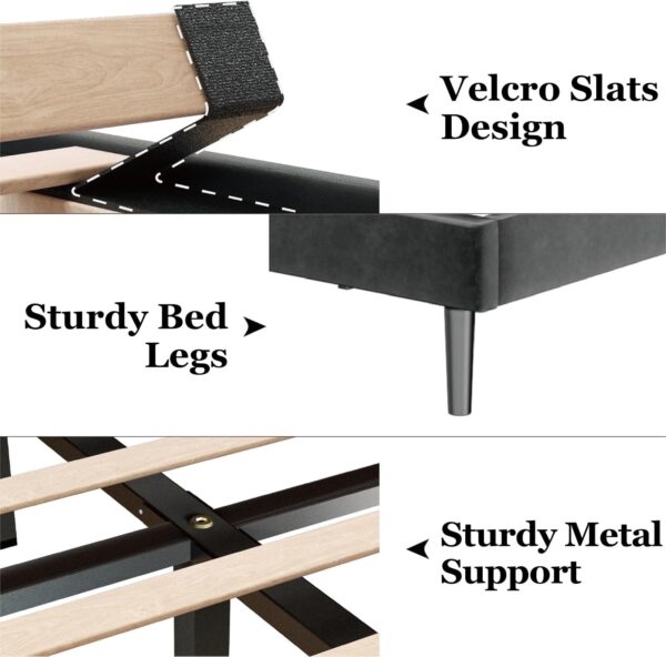 Full Size Bed Frame with Velvet Upholstered Headboard, Platform Bed with Strong Wood Slats, Mattress Foundation, Box Spring Optional, Easy Assembly, Black - Image 5