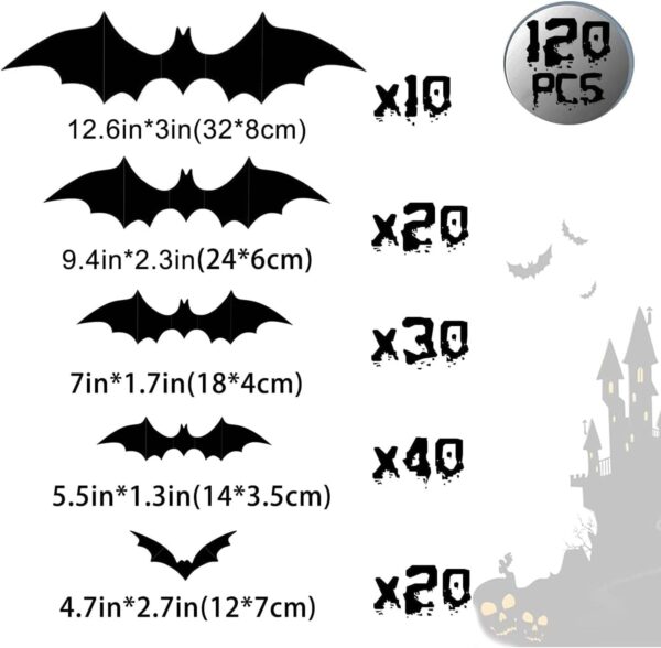 CESOF Halloween Bats Wall Decor 3D Bats Decorations - 120 Pcs 5 Sizes Matte Black PVC Reusable DIY Bat Stickers Vintage Wall Decals for Home Decor Porch Door Indoor Outdoor Party Supplies - Image 5