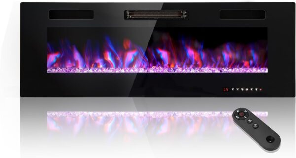 PHI VILLA 50" Electric Fireplace Wall Mounted & Recessed, 3.86" Ultra-Thin Linear Fireplace 750/1500W with Remote Control, Fit for 2 x 4 6 Stud, Low Noise, Timer, Adjustable Flame Color & Speed