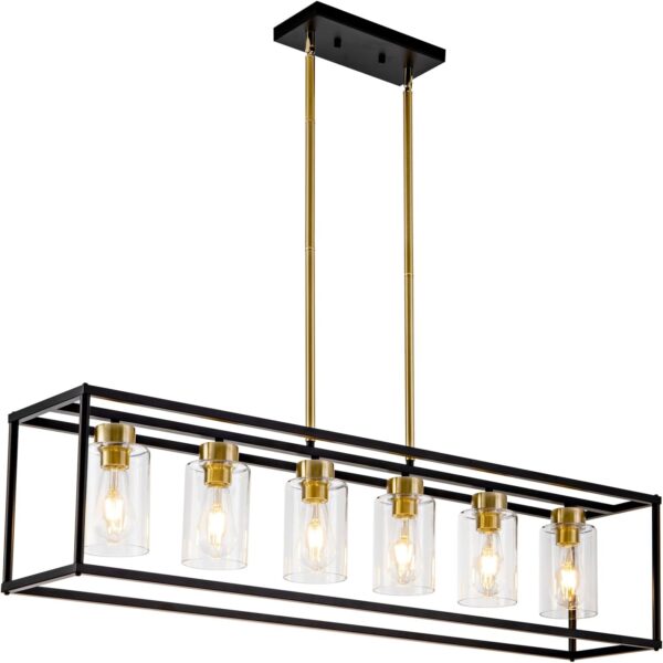 6 Lights Modern Dining Room Light Fixtures Over Table Black & Brushed Brass Gold Farmhouse Chandelier Rectangular Pendent Lighting for Kitchen with Glass Shade Long Linear Industry Hanging Light