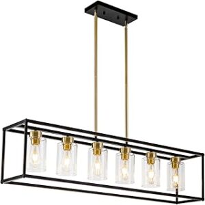 6 Lights Modern Dining Room Light Fixtures Over Table Black & Brushed Brass Gold Farmhouse Chandelier Rectangular Pendent Lighting for Kitchen with Glass Shade Long Linear Industry Hanging Light