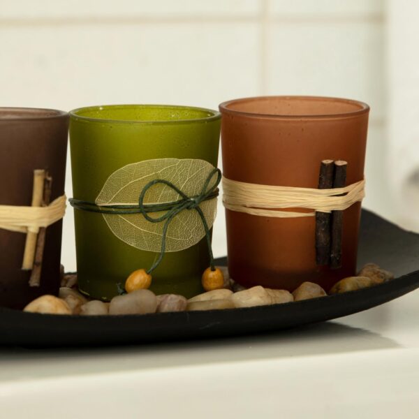 Dawhud Direct Decorative Votive Candle Holders, Vintage Decor Flameless Natural Candlescape Set, 3 LED Tea Light Candles, Rocks and Tray (Natural Earth Tones) - Image 6