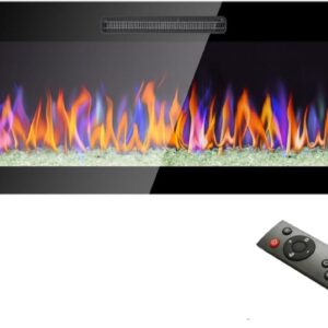 60 Inches Electric Fireplace Recessed and Wall Mounted, Ultra Thin Tempered Glass Electric Fireplace with Remote and Multi Color Flame & Emberbed, LED Light Heater (1400W Ordinary Model)