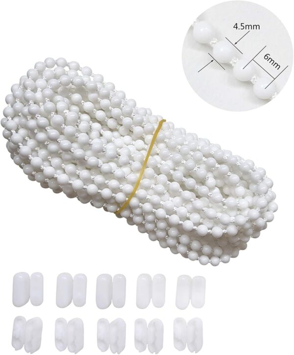 10 Meters (10.94 Yards) with 10 PCS of Connectors for Roller Blind Bead Chain Cord Venetian Honeycomb Vertical Shade Blind Cord for Roller Blind Replacement Parts Repair Fittings (White)