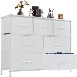 DUMOS Dresser for Bedroom with 7 Drawers, Storage Organizer Units Furniture, Chest Tower TV Stand with Fabric Bins, Metal Frame, Wooden Top for Nursery, Living Room, Kidsroom, Closet, White
