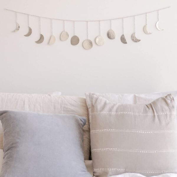 Moon Phase Wall Decor, Handmade Hammered Silver Metal 13 Moons 36" Garland, Phases of The Moon Decorations, Celestial Lunar Silver Wall Art, Boho Zen Decor for Bedroom Home Dorm Living Room Girl Gift