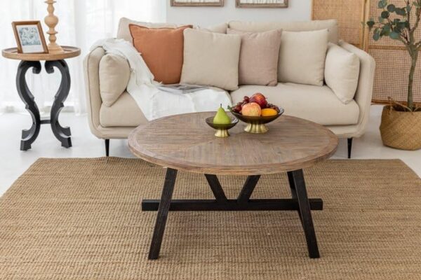 Rustic Farmhouse Coffee Table with Geometric Base, French Country Accent Table for Family, Dinning or Living Room, Modern, Round - Image 7