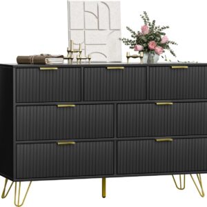 Dresser for Bedroom, Black Bedroom Dresser with 7 Drawers, Modern Wide Dresser with Gold Pulls