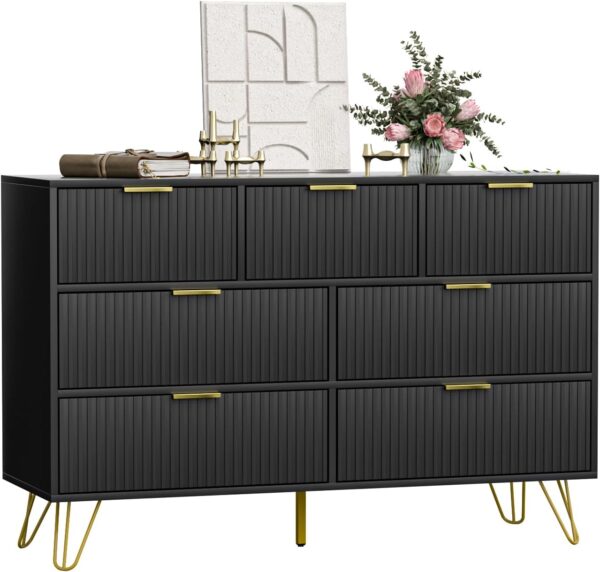 Dresser for Bedroom, Black Bedroom Dresser with 7 Drawers, Modern Wide Dresser with Gold Pulls