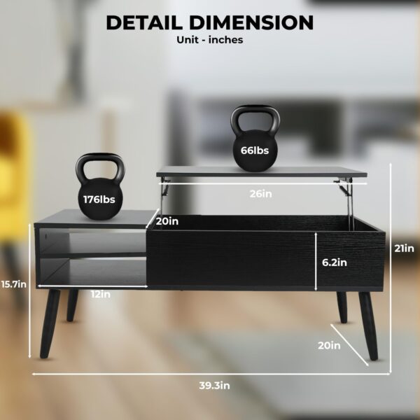 MGHH Wood Lift Top Coffee Table with Hidden Compartment & Adjustable Storage Shelf, Side Tables Lift Tabletop Dining Table for Home Living Room, Office, Reception Room, Black - Image 3