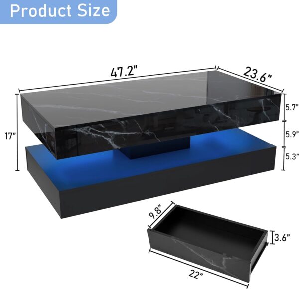 47inch Large High-Glossy LED Coffee Table with 2 Sliding Drawers, Living Room Storage Tables with Marbling Print, Modern Stylish Double-Layer Center Tables w/LED Lights, Black - Image 2