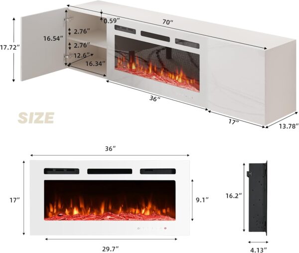 EROMMY 70'' Floating TV Stand with 36'' Electric Fireplace, High Gloss Finish Entertainment Center with 12 Flame Fireplace Insert Heater, Fireplace TV Console for TVs up to 80'' for Living Room, White - Image 2