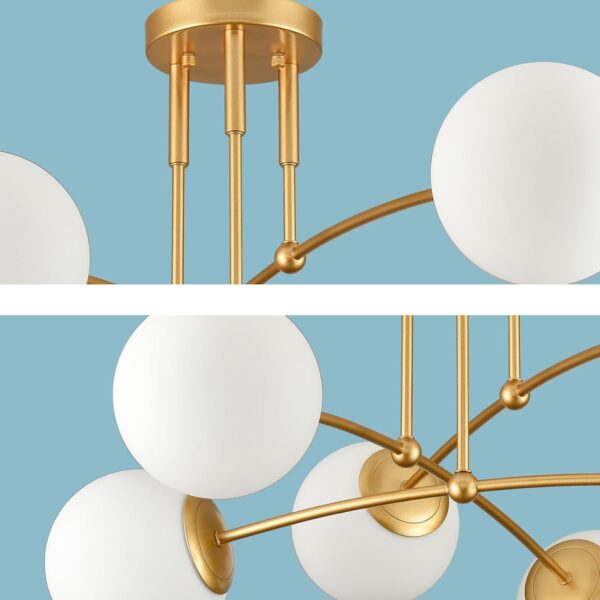 CLAXY Mid Century Gold Ceiling Light Semi Flush Mount Opal Globe Chandelier 6-Light Ceiling Chandelier for Bedroom Living Room - Image 2