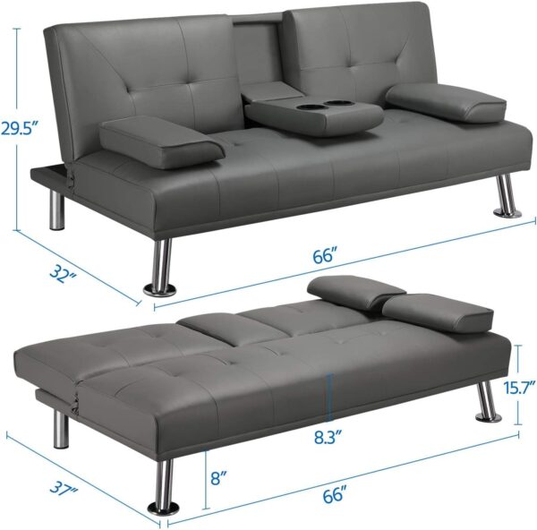 Yaheetech Modern Faux Leather Sofa Bed Convertible Folding Futon with Armrest Home Recliner Home Furniture for Living Room Gray - Image 3