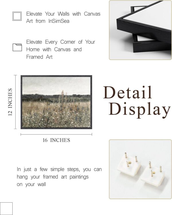 InSimSea Black Framed Canvas Wall Art Vintage Decor, Wildflower Field Paintings Prints, Rustic Landscape Wall Decor for Bathroom Office, Dining Room 12x16 inch - Image 5