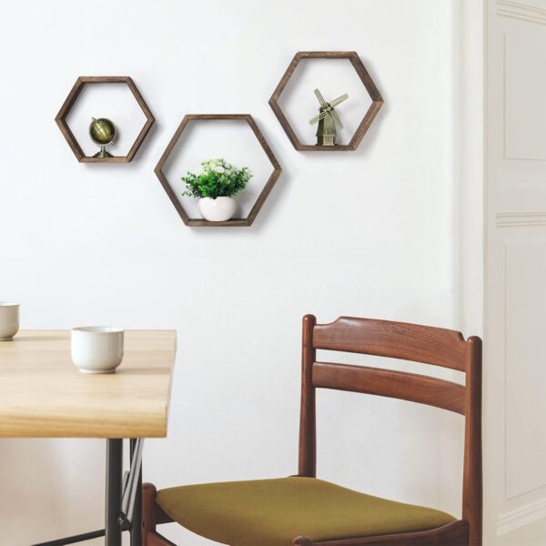 Hexagon Floating Shelves Set of 6 Farmhouse Honeycomb Wall Storage Shelf Wood Display Hexagonal Shelves Wall Mounted Hanging Rustic Shelf Racks for Bedroom Living Room Hallway Office Decor, Brown - Image 6