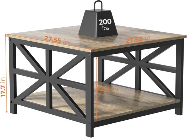 GreenForest Coffee Table with Storage, 27.6 inch Square Coffee Table, Seamless One-Piece Tabletop Design, Small Coffee Tables for Living Room, Farmhouse Sofa Table, Rustic Center Table, Grey Wash - Image 3