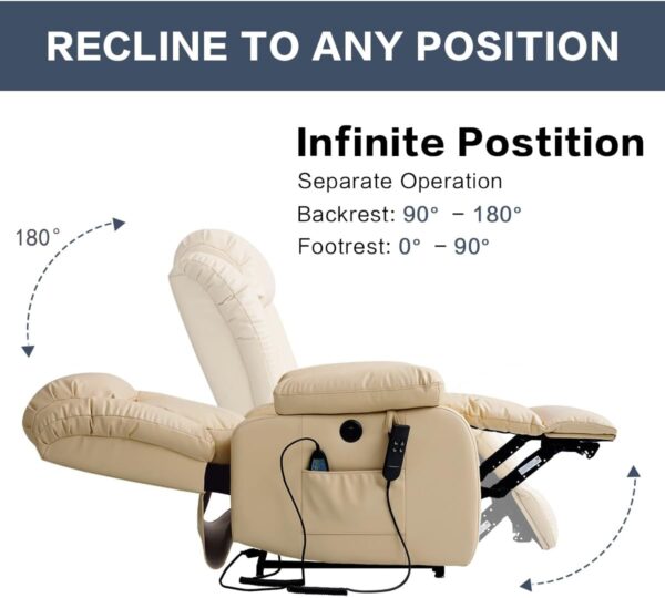 Infinite Position Power Lift Chair Lay Flat Recliner Dual Motor Sleeper Chair with Massage and Heating for Elderly, USB Ports and Remote Control, Leather(Beige) - Image 3