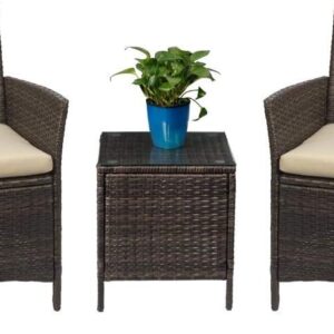 Devoko Patio Porch Furniture Sets 3 Pieces PE Rattan Wicker Chairs with Table Outdoor Garden Furniture Sets (Brown/Beige)