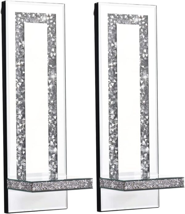 Crystal Crush Diamond Mirrored Candle Sconces, Silver Wall Candle Holder Set of 2, Wall Decorations for Living Room，Dining Room (Rectangle Stripe (Style 4)) - Image 2