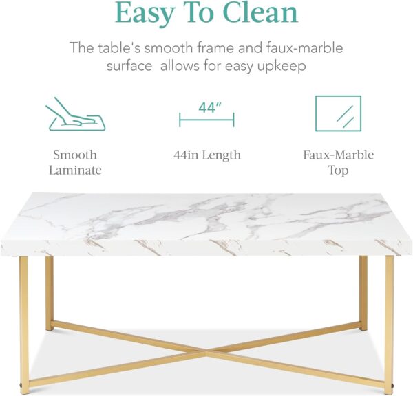 Best Choice Products 44in Rectangular Marble Coffee Table, X-Base Accent Table for Living Room, Dining Room, Home Décor w/Faux Marble Top - White/Bronze Gold - Image 5