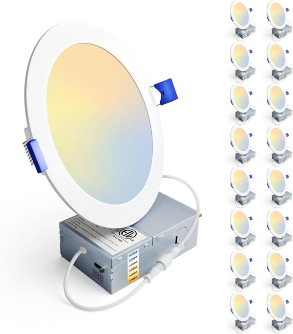Ensenior 16 Pack Ultra-Thin LED Recessed Lighting 6 Inch 6CCT with Junction Box, 2700K-6000K Selectable, 12W 110W Eqv, Dimmable Can-Killer Downlight, 1050LM High Brightness - ETL