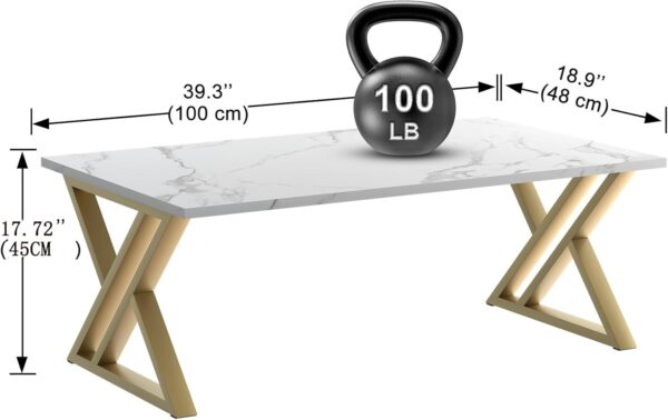 Coffee Table Living Room Table White Center Table, Simple Modern Faux Marble Rectangular Tea Table with Sturdy Gold-Finished Metal Frame,Industrial Wooden Coffee Table for Bedroom Home Office - Image 3