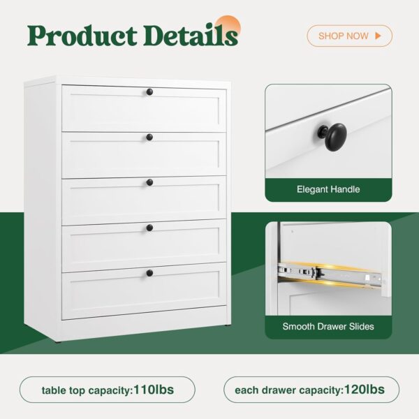 Letaya 5-Drawer Dresser for Bedroom, Metal Chest of Drawers Tall Closet Organizers and Storage Clothes, Accent Storage Cabinet for Living Room, Entryway, Hallway, White - Image 7