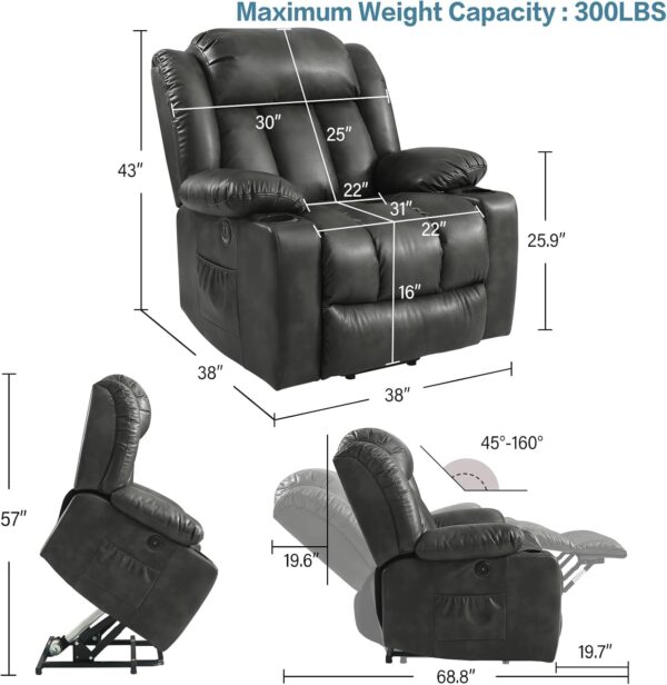 PARKOL Power Lift Recliner Chair for Elderly Breathable Leather Recliner Chair with Massage and Heat,2 Cup Holders,Electric Stand Assist,USB Ports,Gifts for Family (Silver Gray) - Image 2