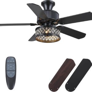 Danilong 42" Ceiling Fans with Lights and Remote, Retro Low Profile Flush Mount Ceiling Fans with Crystal Cage, 6 Speeds Reversible Dual Finish Wooden Blades Fandelier for Kitchen Bedroom Dining Room