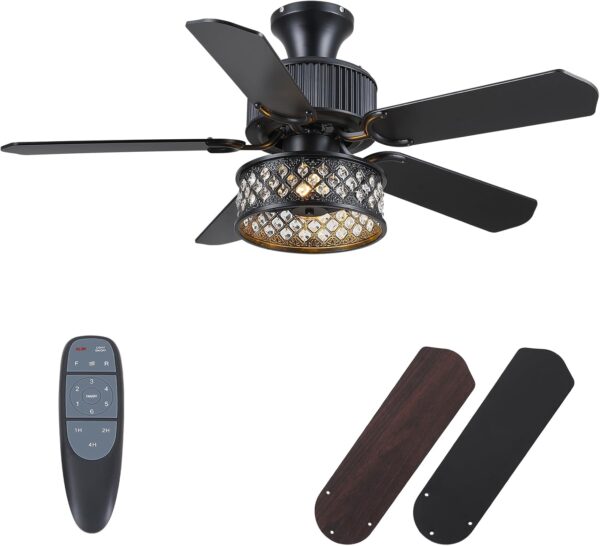 Danilong 42" Ceiling Fans with Lights and Remote, Retro Low Profile Flush Mount Ceiling Fans with Crystal Cage, 6 Speeds Reversible Dual Finish Wooden Blades Fandelier for Kitchen Bedroom Dining Room