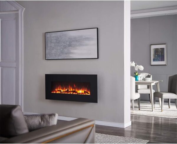 PuraFlame Serena 50 Inches Wall Mounted Linear Electric Fireplace with Log Set & Crystal, Adjustable Flame Color and Speed, 750 / 1500W Heater, Remote with Timer, 50.38 x 5.44 x 21.63 inches, Black - Image 3