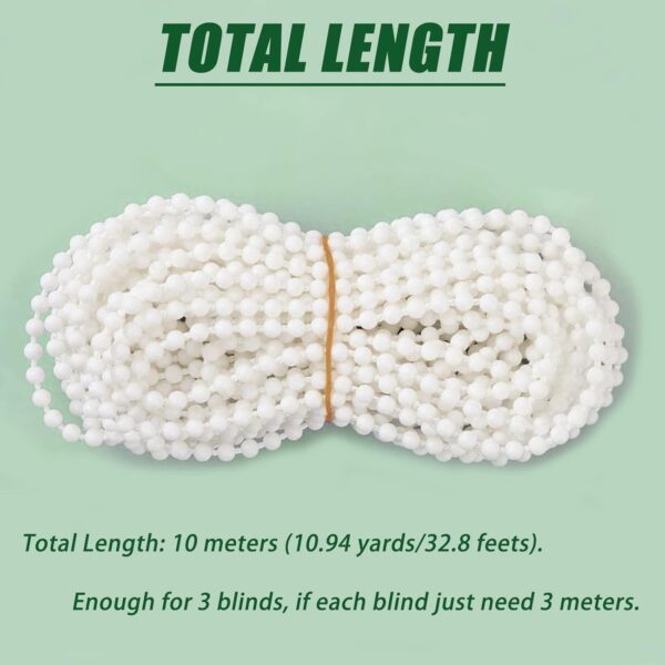 10 Meters (32.8 Feet) Roller Blind Bead Chain Cord Roman Venetian Honeycomb Vertical Shade Blind Cord with 10 PCS Connectors for Roller Blind Replacement Parts White (Normal Version) - Image 3