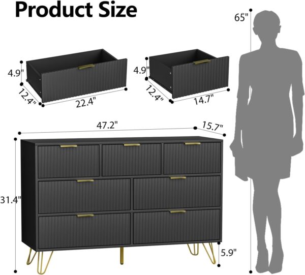Dresser for Bedroom, Black Bedroom Dresser with 7 Drawers, Modern Wide Dresser with Gold Pulls - Image 3