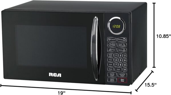 RCA Countertop Kitchen Microwave Oven, Black, 0.9 Cubic Foot (900 Watts), 15.5"D x 19"W x 10.85"H - Image 2