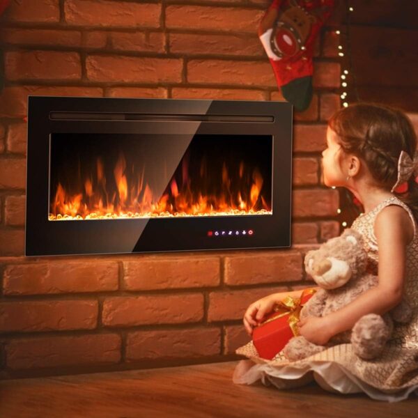 COSTWAY 36-Inch Electric Fireplace, 750W/1500W Wall Recessed and Mounted Fireplace Insert with Remote Control, 9 Flame Colors, 5 Brightness Settings, 8 H Timer, Fireplace Heater for Indoor Use - Image 2