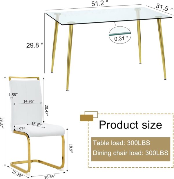 Ebullient Glass Dining Table Set for 4,5 Piece Dining Table and Chairs Set，Modern Kitchen Dining Room Table with 4 White PU Leather Dining Chairs,0.31” Tempered Glass Table Top with Gold Metal Legs - Image 2